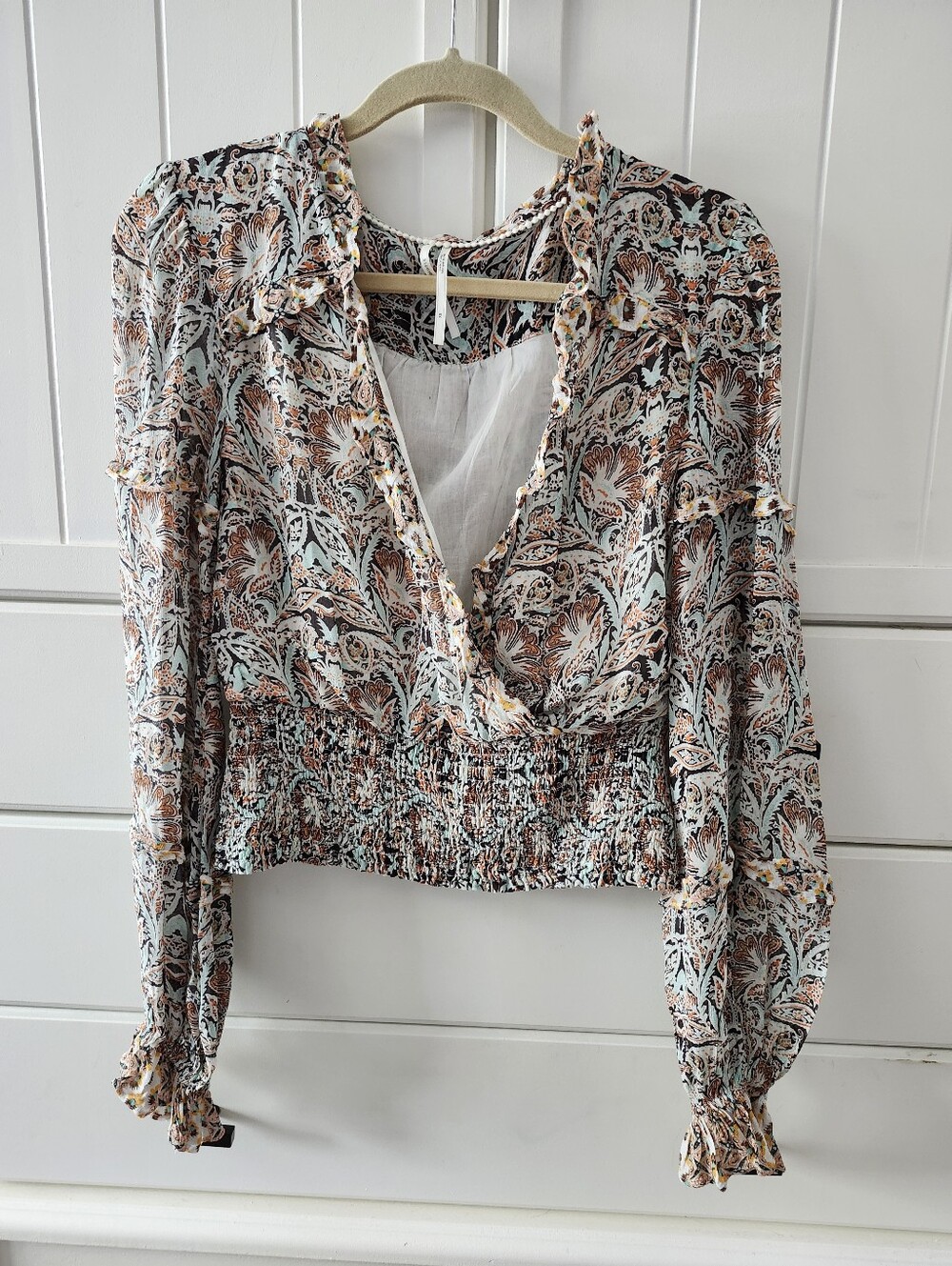 Anthropologie Womens Floral Smocked Waist V-Neck Blouse - Mint & Brown Sz Xs